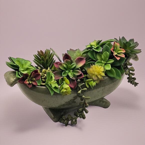 Vintage-Inspired Footed Studio Pottery Bowl - Art Deco Green Speckled Decor - Picture 9 of 9